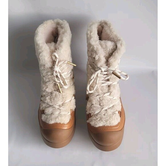 Tory Burch Courtney Round Toe Leather Shearling Platform Lace-up Boots Size 6M - Picture 2 of 8